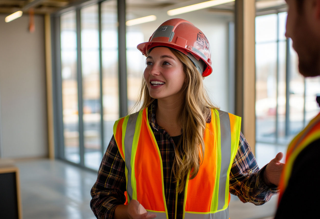 construciton-worker-talking-to-a-client plumber staring at the camera smiling with his toolbox